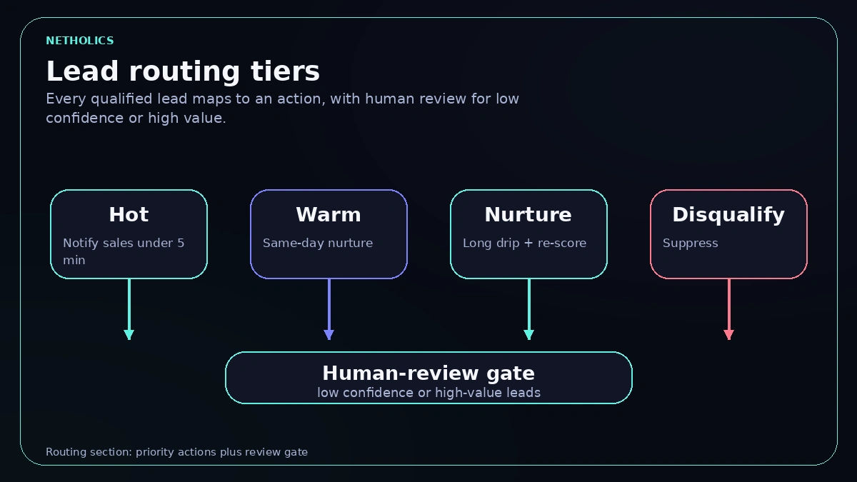 AI lead routing tiers graphic showing Hot, Warm, Nurture, and Disqualify paths with actions and a human-review gate.