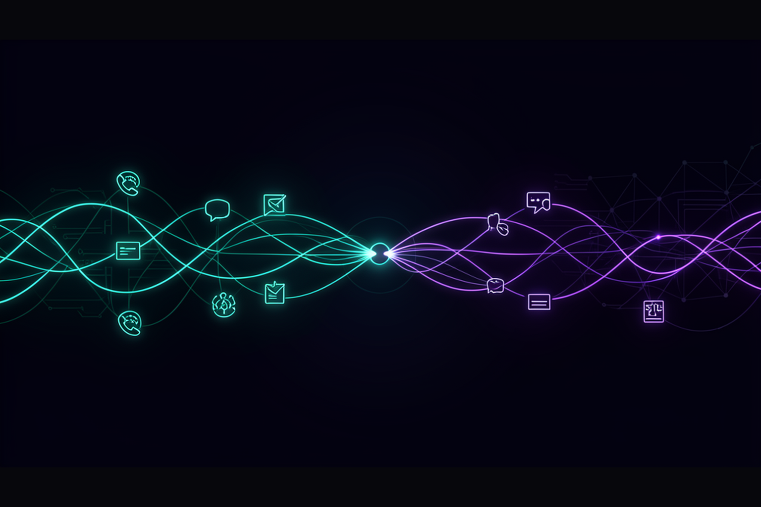 Abstract illustration of scattered customer touchpoints — calls, messages, quotes, reviews — converging into a single unified customer record, in teal and indigo on a dark background.