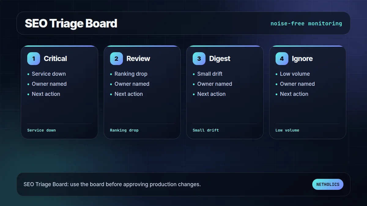 Netholics dark technical readiness board for n8n SEO monitoring alerting automation